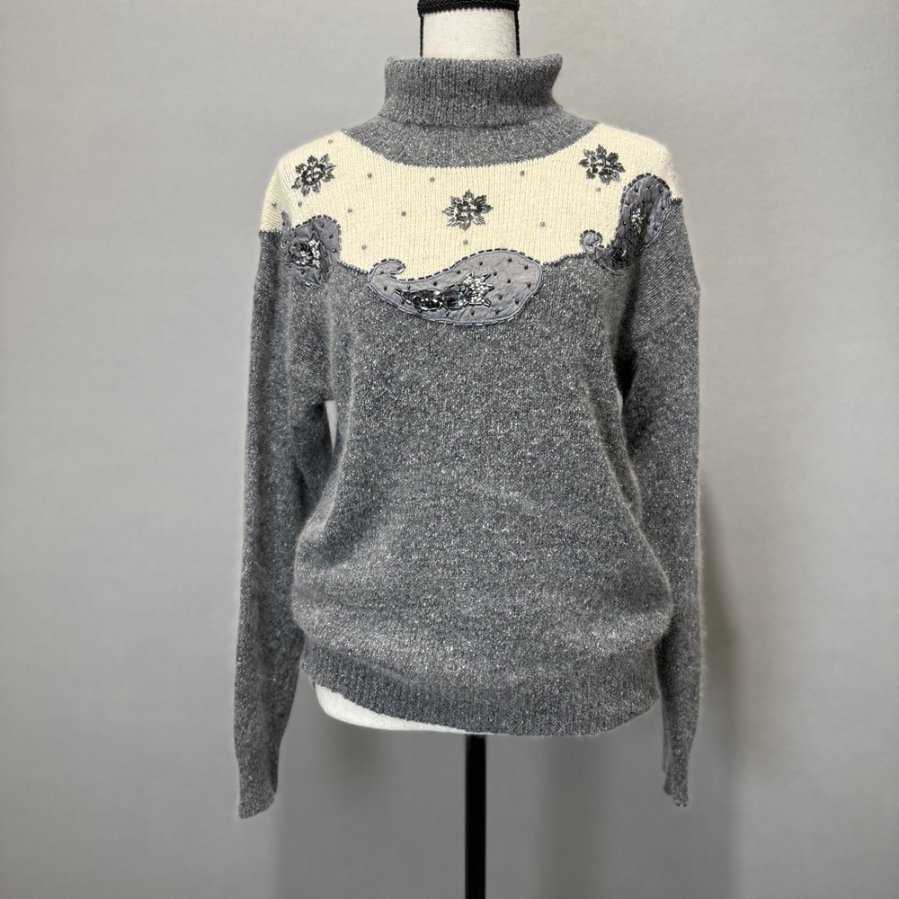 All Points Silk Angora Wool Sweater Womens M Paisley Snowflake Beaded Turtleneck